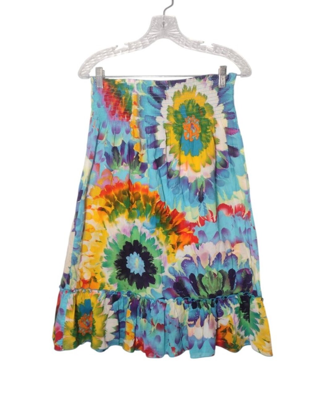 Tracy Evans Limited Cotton Floral Tie Dye Skirt M Ruffle Smocked Boho Hippie Art
